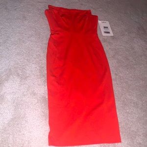 Coral pink/red strapless dress with square neckline
